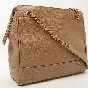 RARE CHANEL 1997 VINTAGE Caviar Skin Cc Mark Stitch Logo Charm Tote Bag Greige